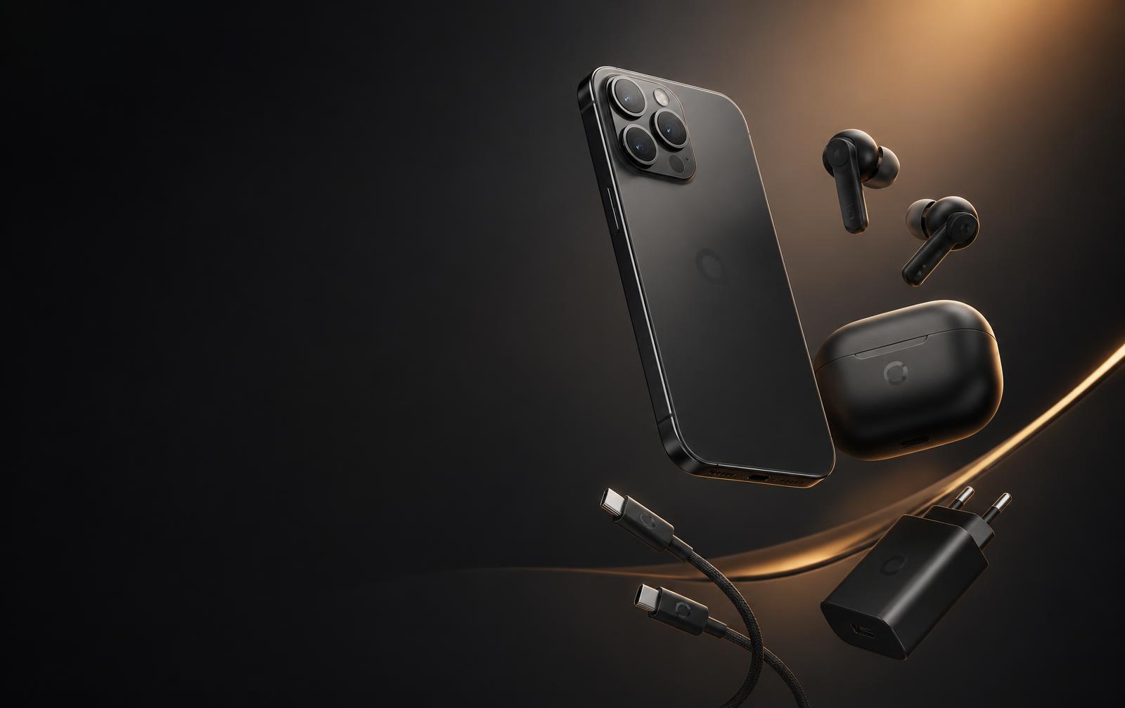 UMA Brands smartphone, earbuds, cable and charger arranged on a dark backdrop